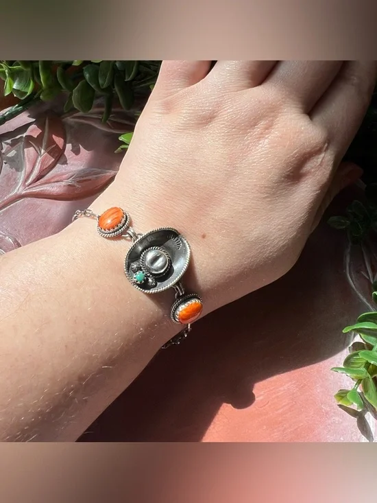 925 Sterling Silver Spiny Oyster Cowboy Hat Bracelet Kingman Turquoise - Picture 3 of 11